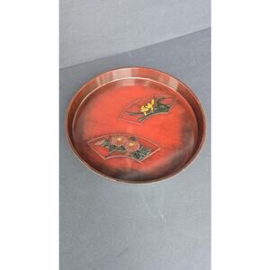Red Japanese Floral Round Serving Tray Medium Melamine Plastic Glossy Decor
